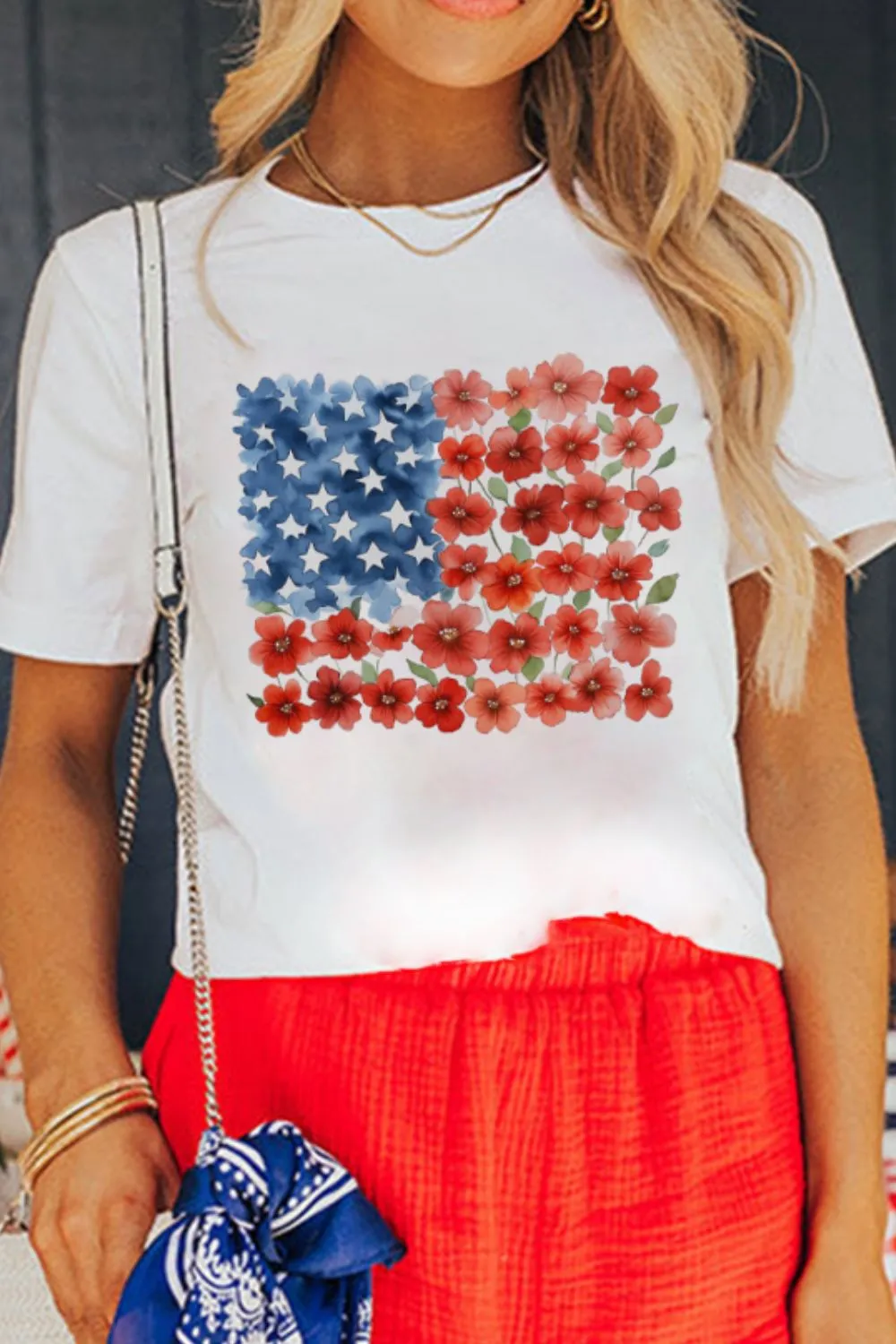 Star Floral American Flag Printed T Shirt