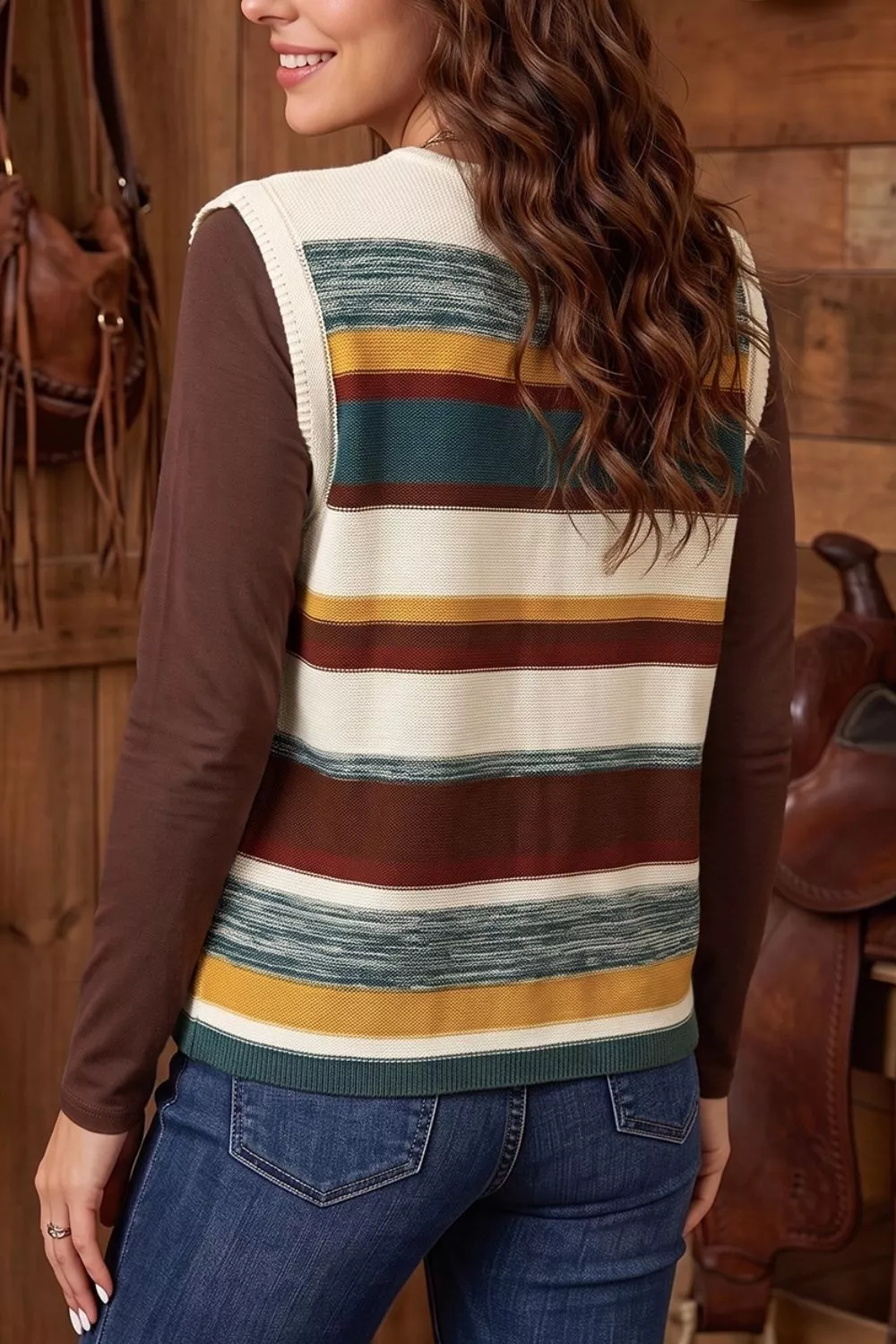 Striped Button Front Sleeveless Knit Regular Fit Sweater Vest, image 2