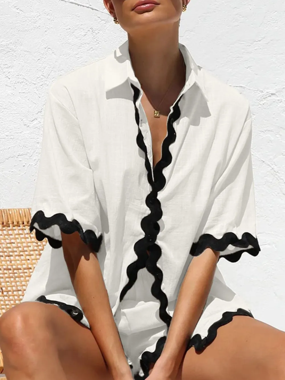 Contrast Trim Half Sleeve Top and Shorts Set, image 2