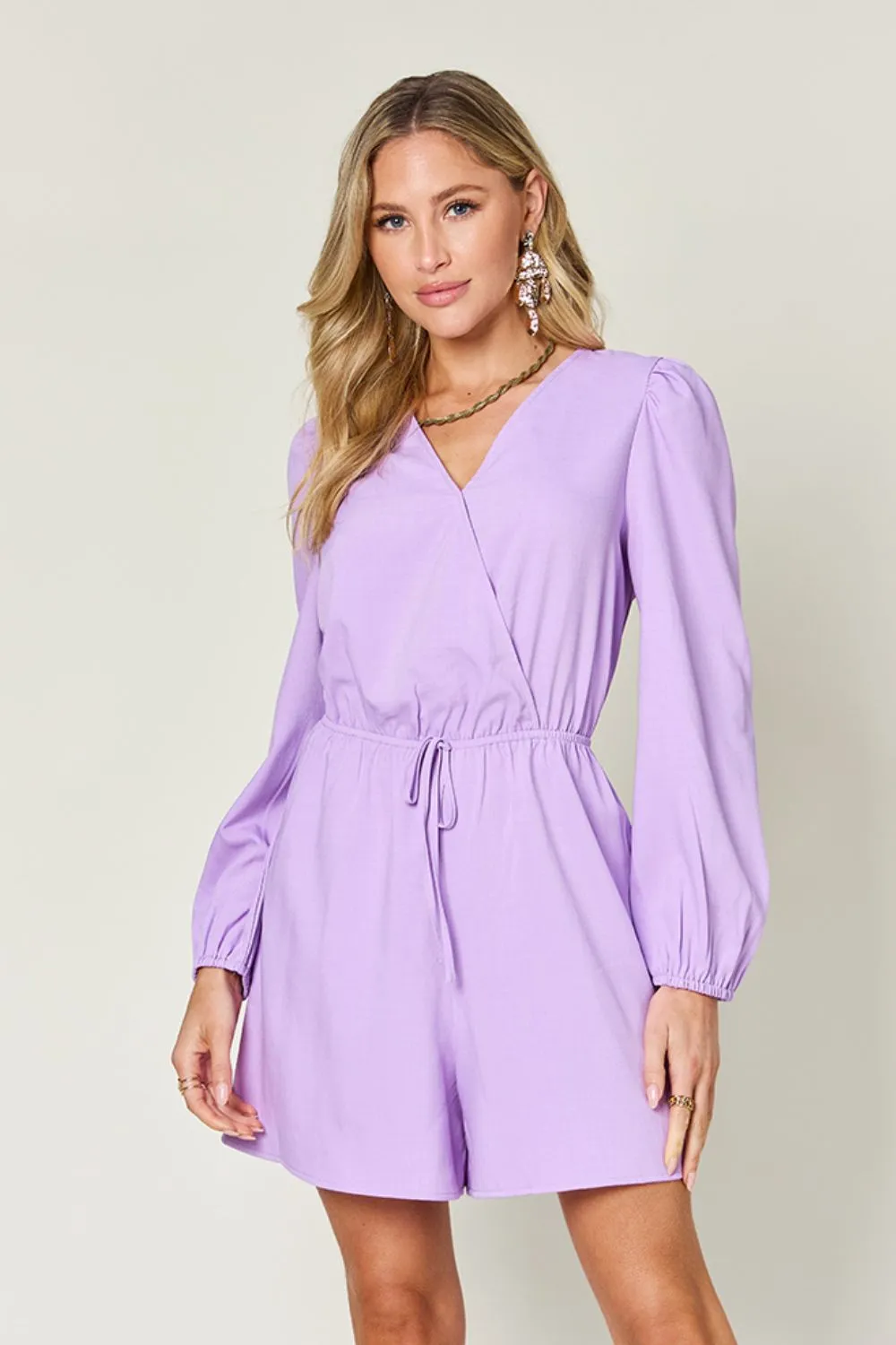 Full Size Drawstring Long Sleeve Romper, image 3