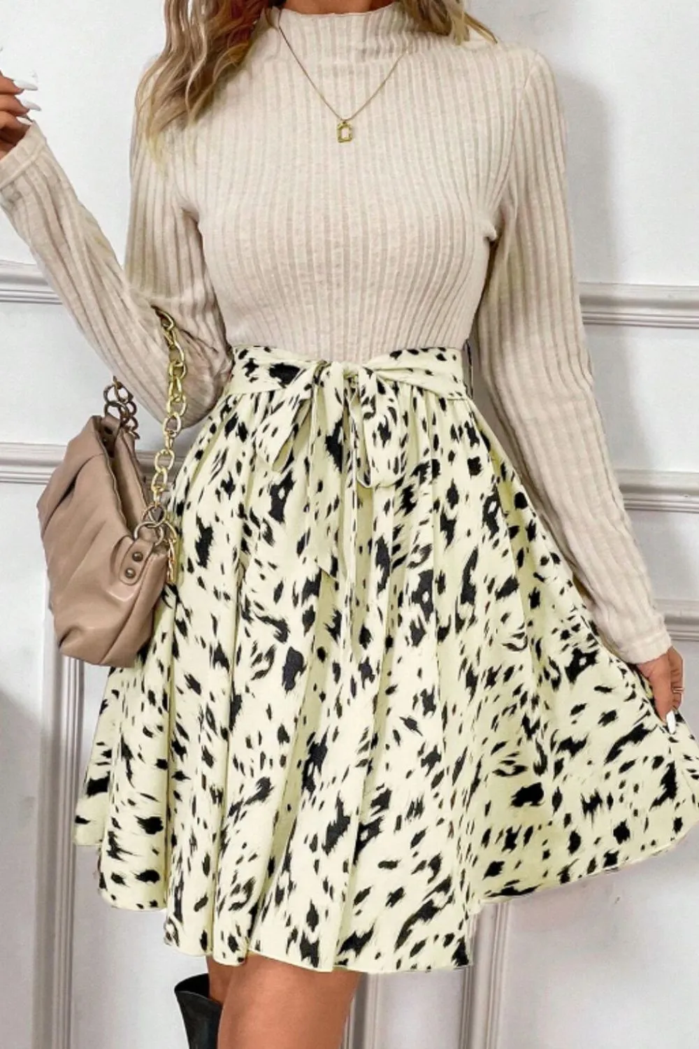 Printed Tie Waist Mock Neck Long Sleeve Dress, image 7