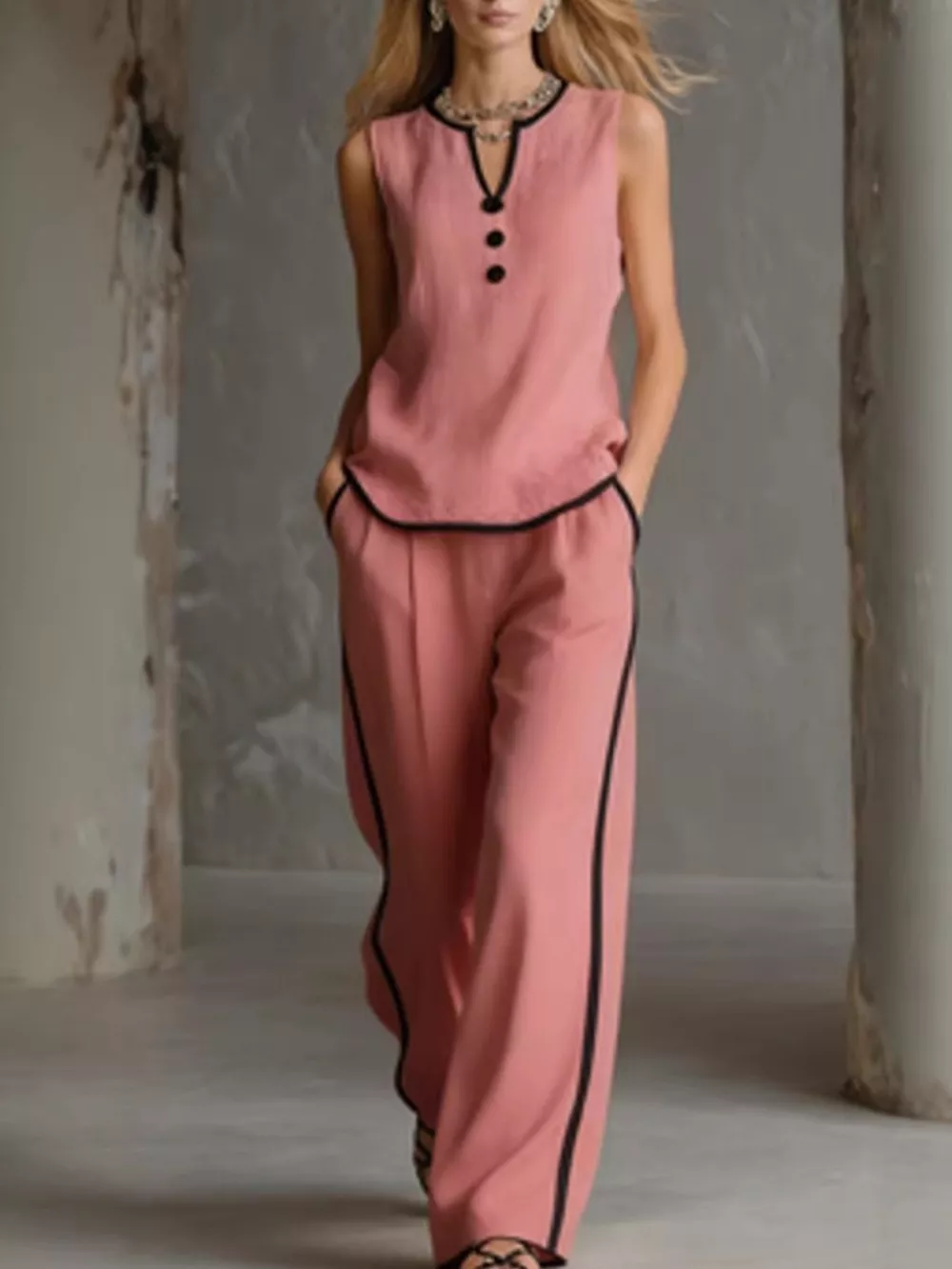Full Size Contrast Trim Sleeveless Top and Pants Set Plus Size, image 7
