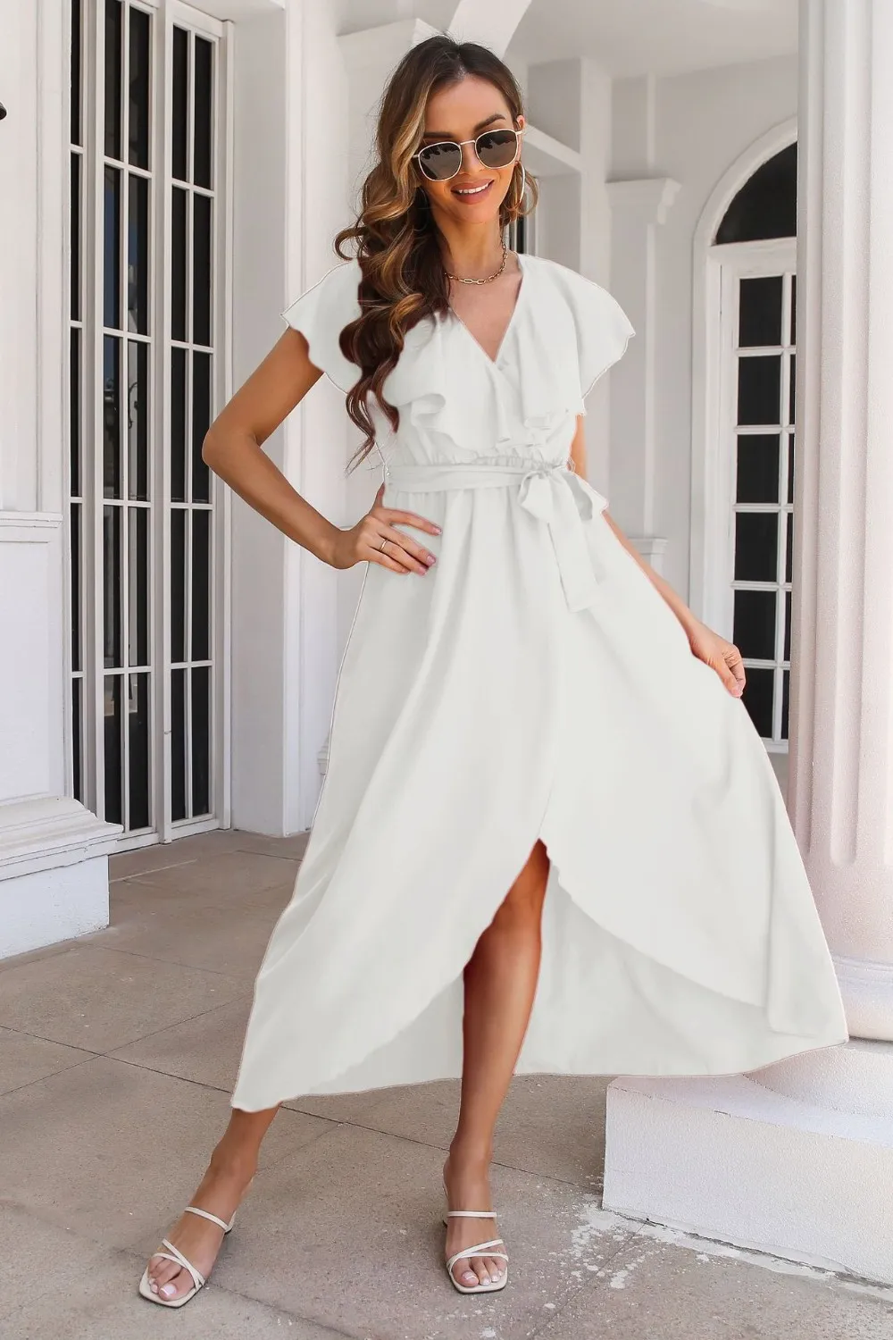 Ruffled Surplice Tie Waist Slit Midi Dress, image 6