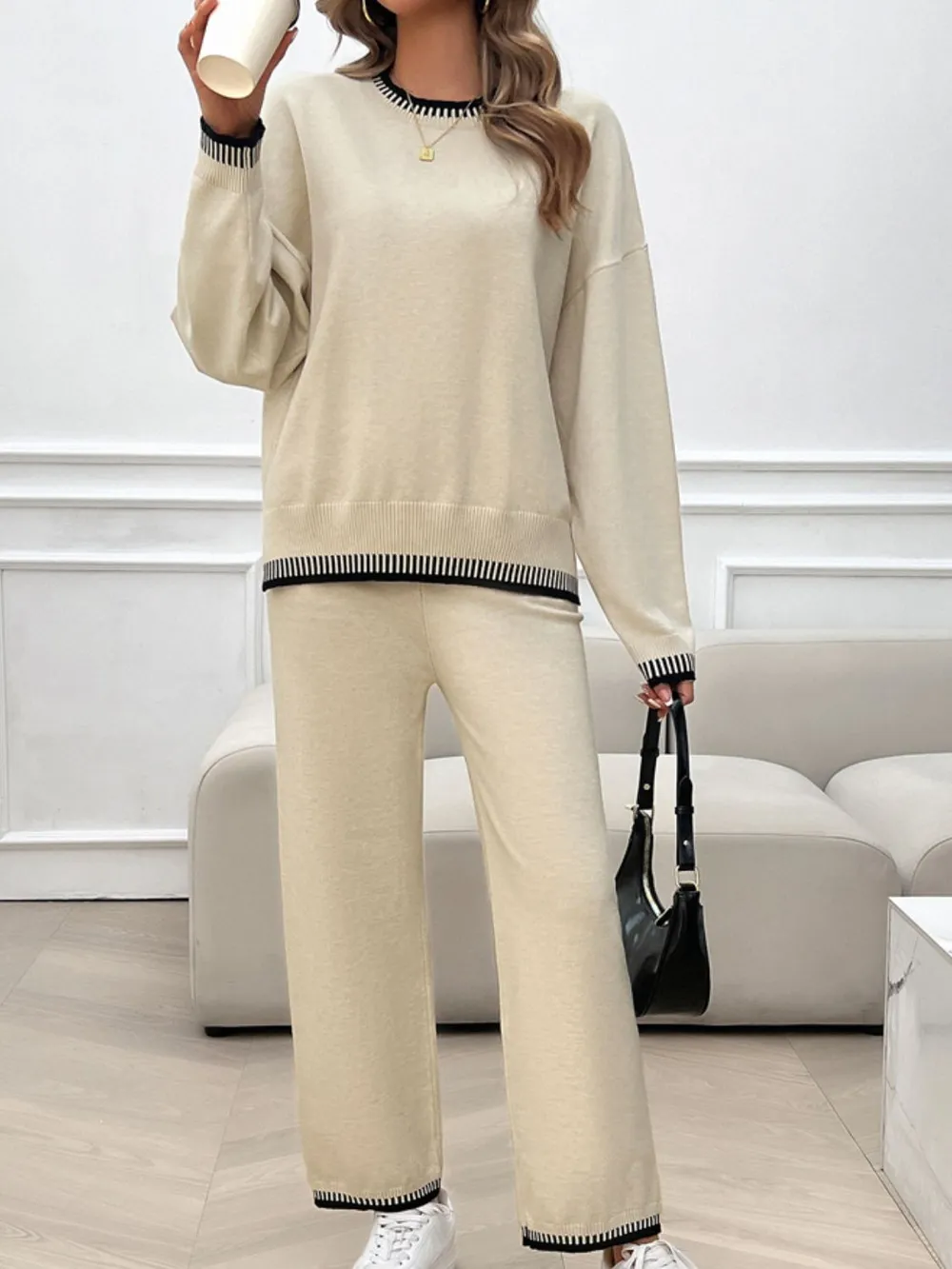 Round Neck Dropped Shoulder Top and Pants Sweater Set, image 7