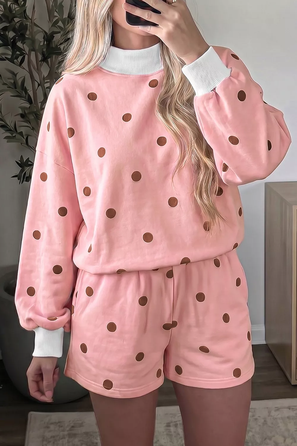 Polka Dot Long Sleeve Sweatshirt and Shorts Lounge Set