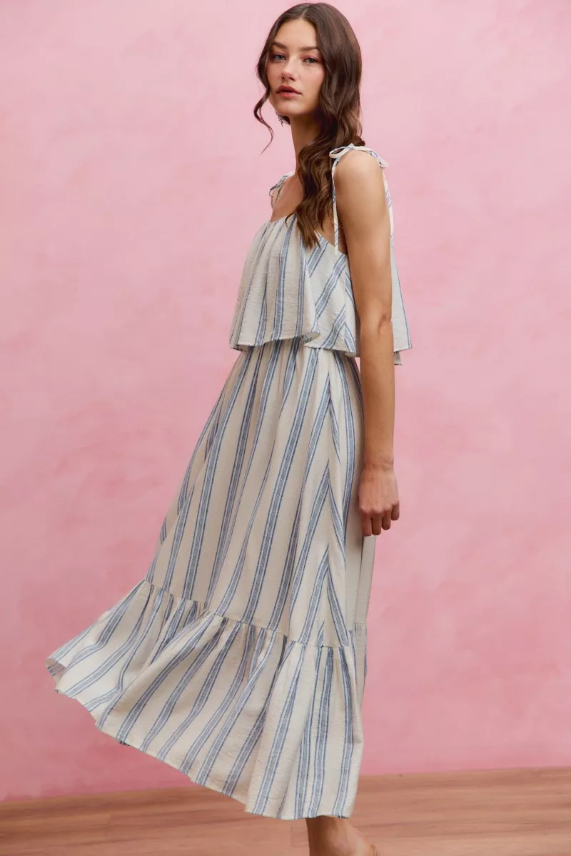 Stripe Tiered Shoulder Tie Midi Lined Dress, image 11