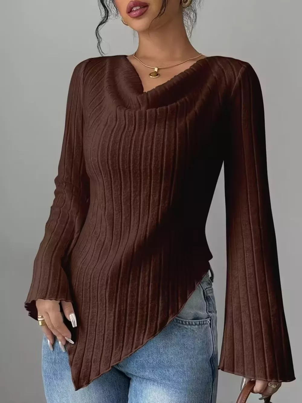 Cowl Neck Ribbed Knit Top, image 2