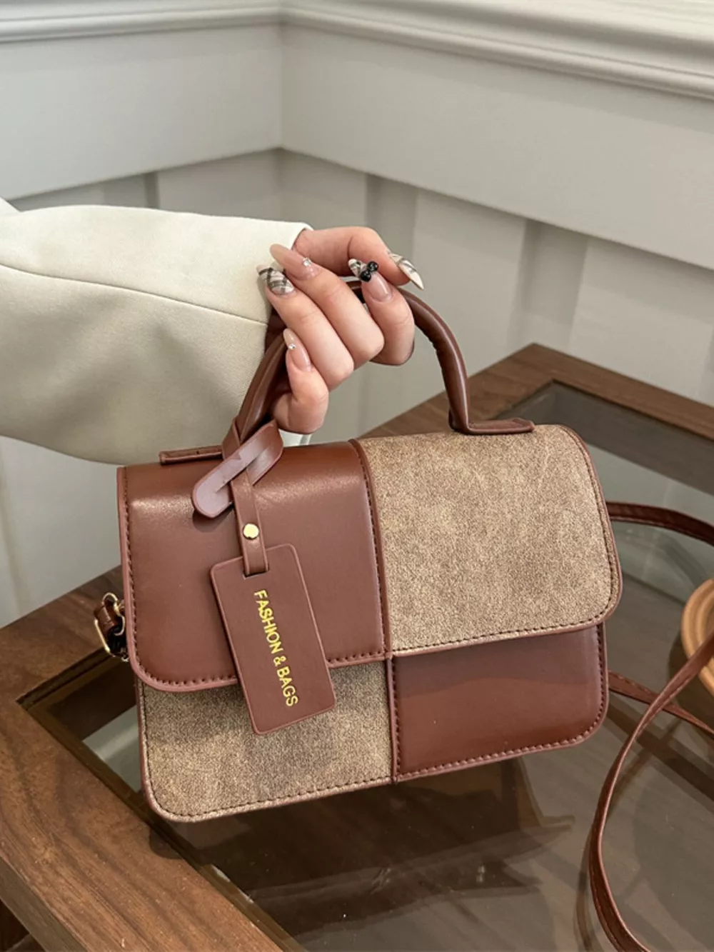Color Block Flap Crossbody Bag with Top Handle, image 12