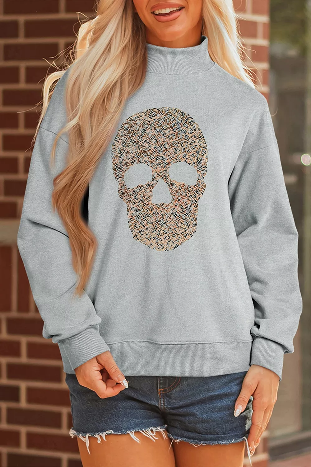Halloween Rhinestone Skull Graphic Mock Neck Baggy Pullover Sweatshirt, image 5