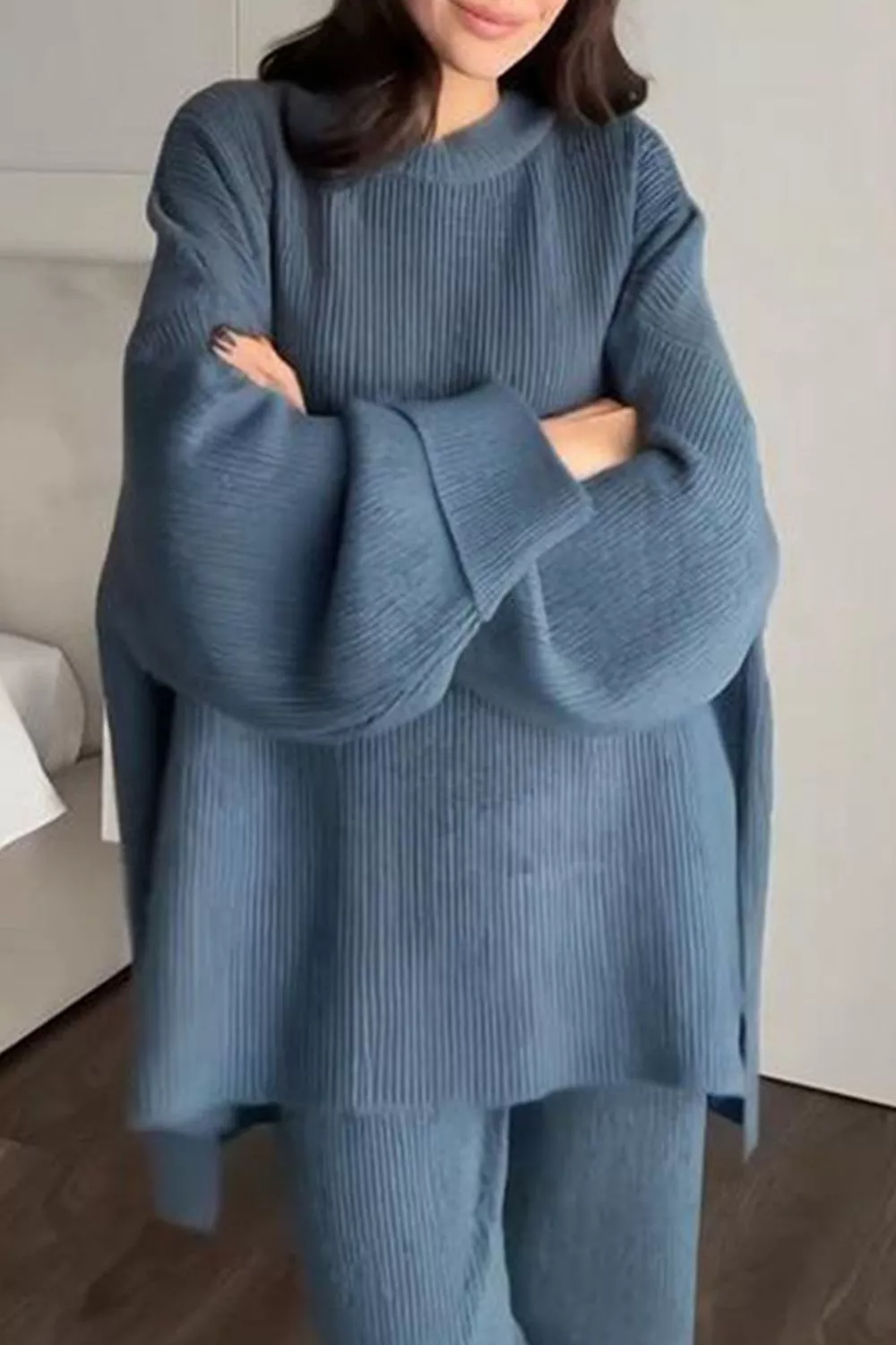 Dropped Shoulder Knit Sweater and Wide Leg Pants Set, image 4