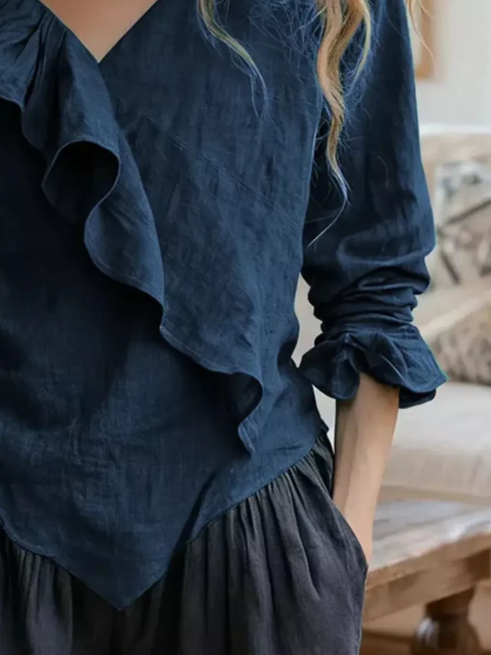 V-Neck Ruffled Long Sleeve Blouse, image 15