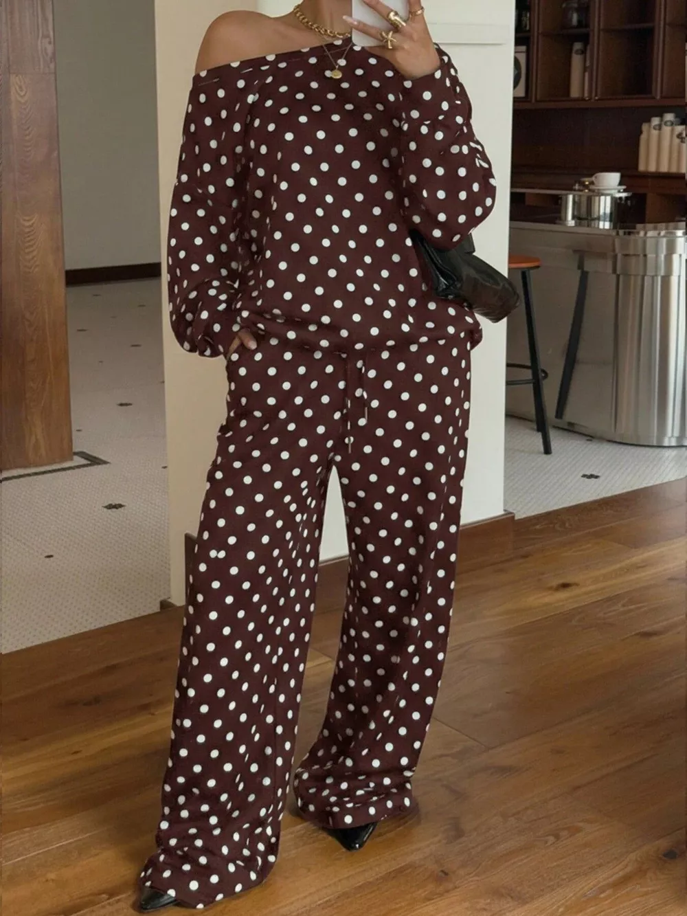 Polka Dot Boat Neck Top and Pants Set, image 5