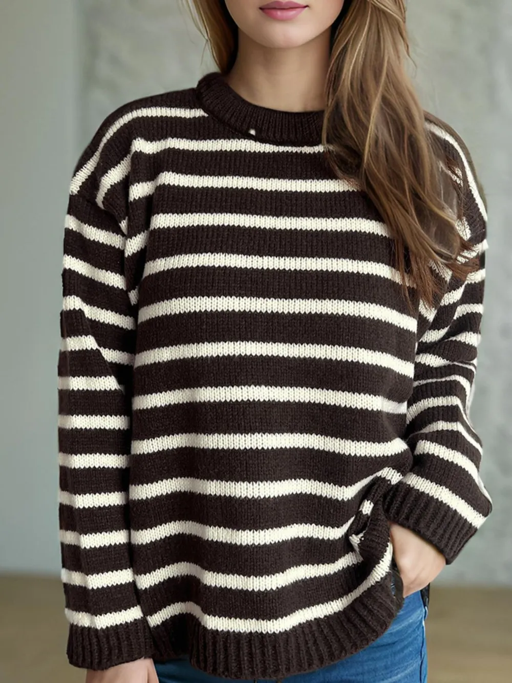 Striped Round Neck Long Sleeve Sweater, image 6