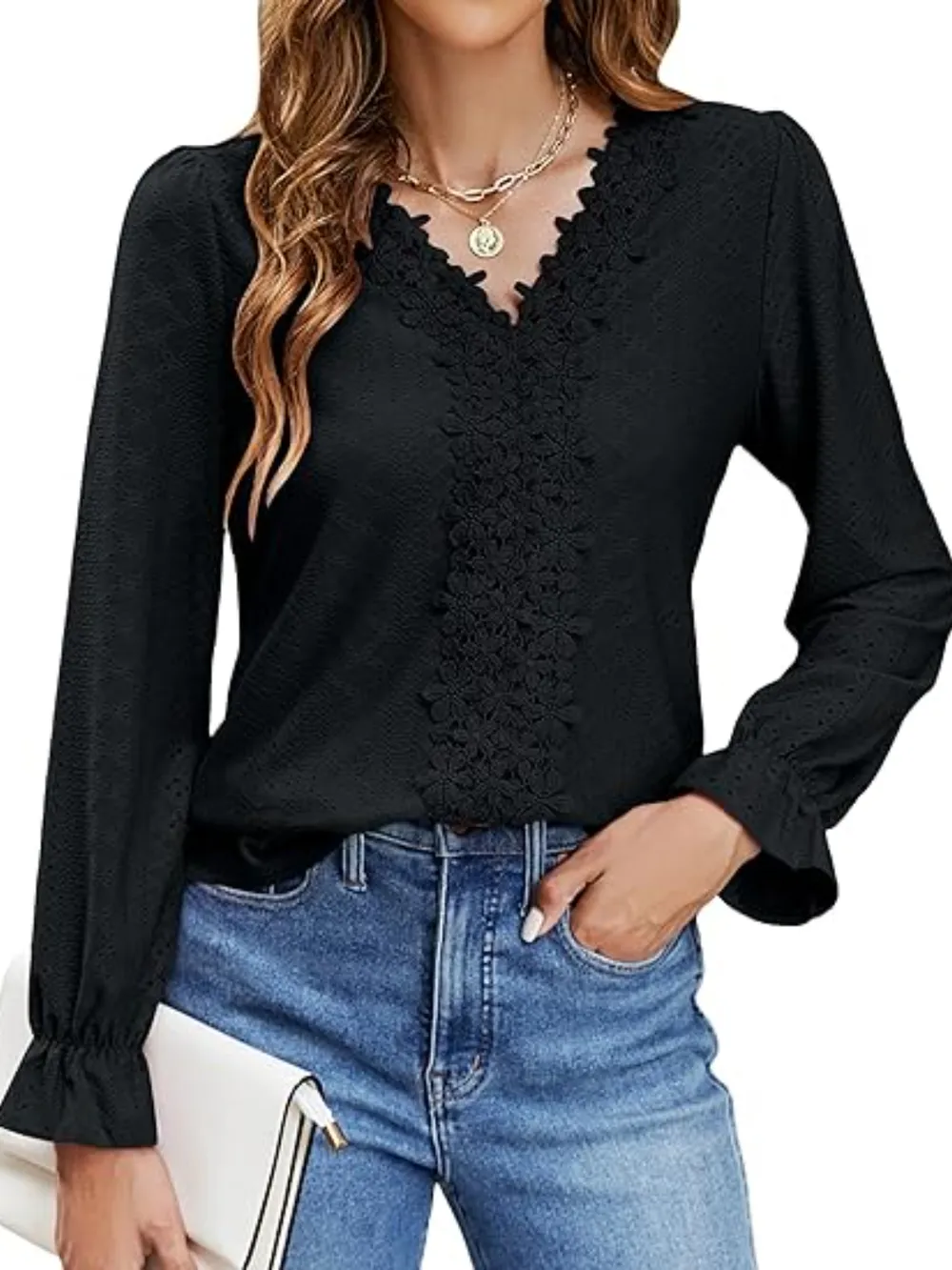 Lace Detail Eyelet V-Neck Flounce Sleeve Blouse, image 16