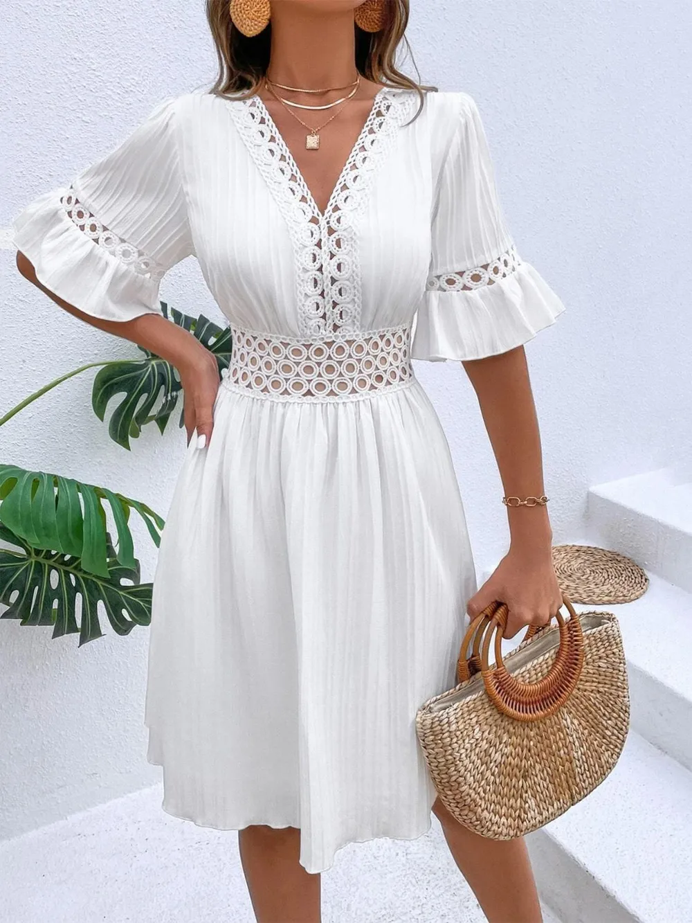 Cutout V-Neck Flounce Sleeve Mini Dress, image 6