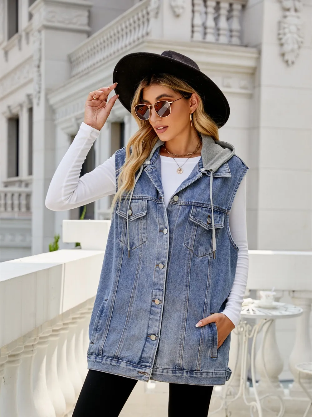 Drawstring Pocketed Button Up Sleeveless Denim Jacket, image 2