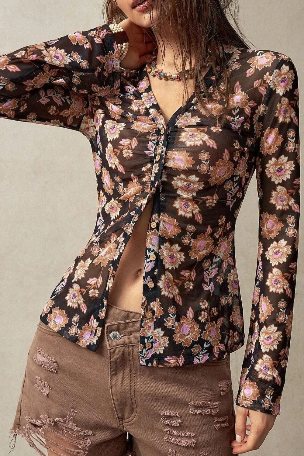 Floral Button-Front Shirt with Bell Sleeves, image 4