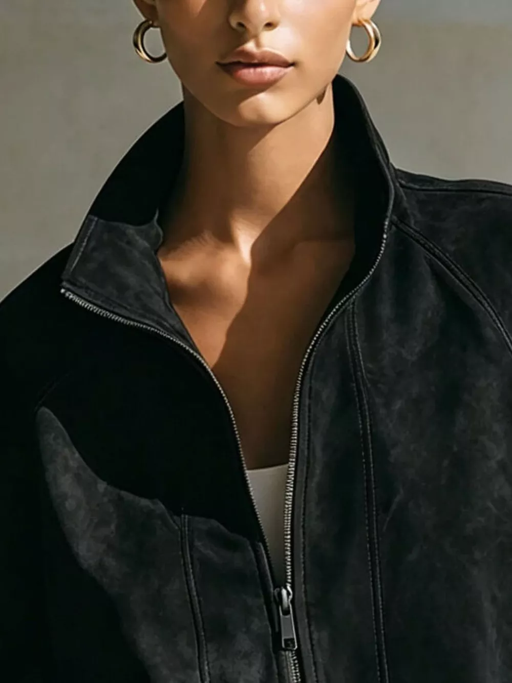 Suede Zip-Up Stand Collar Cropped Jacket, image 11