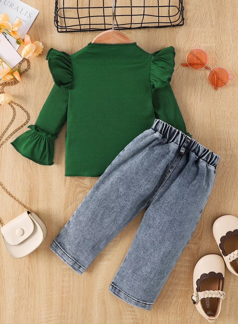 Children's Ruffle Trim Ribbed Top & Jeans Set, image 2