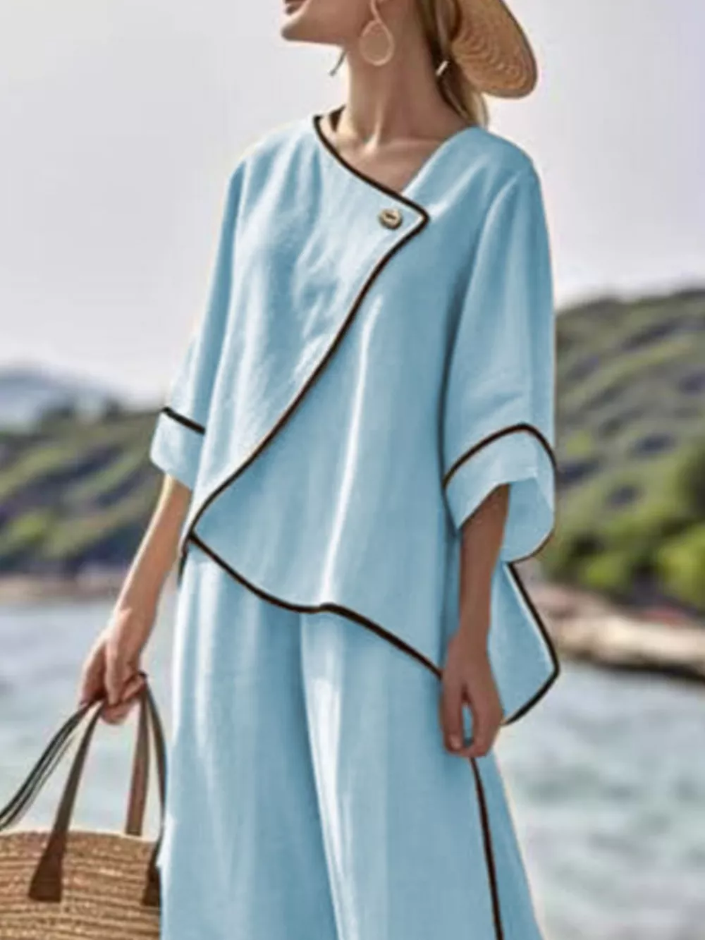 Full Size Contrast Trim Top and Wide Leg Pants Set Plus Size, image 8