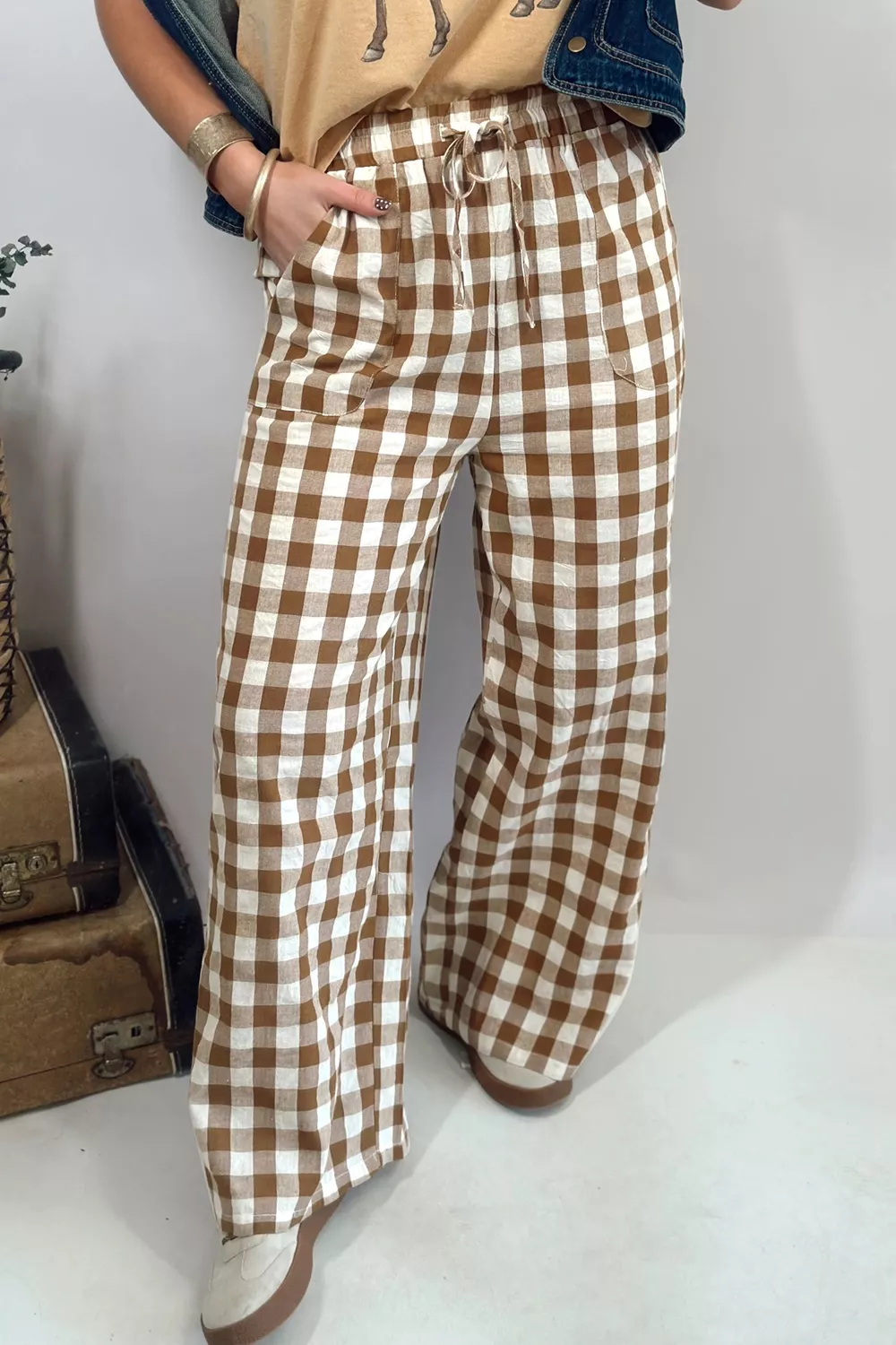 Gingham Plaid Tie Elastic Waist Shift Pants, image 2