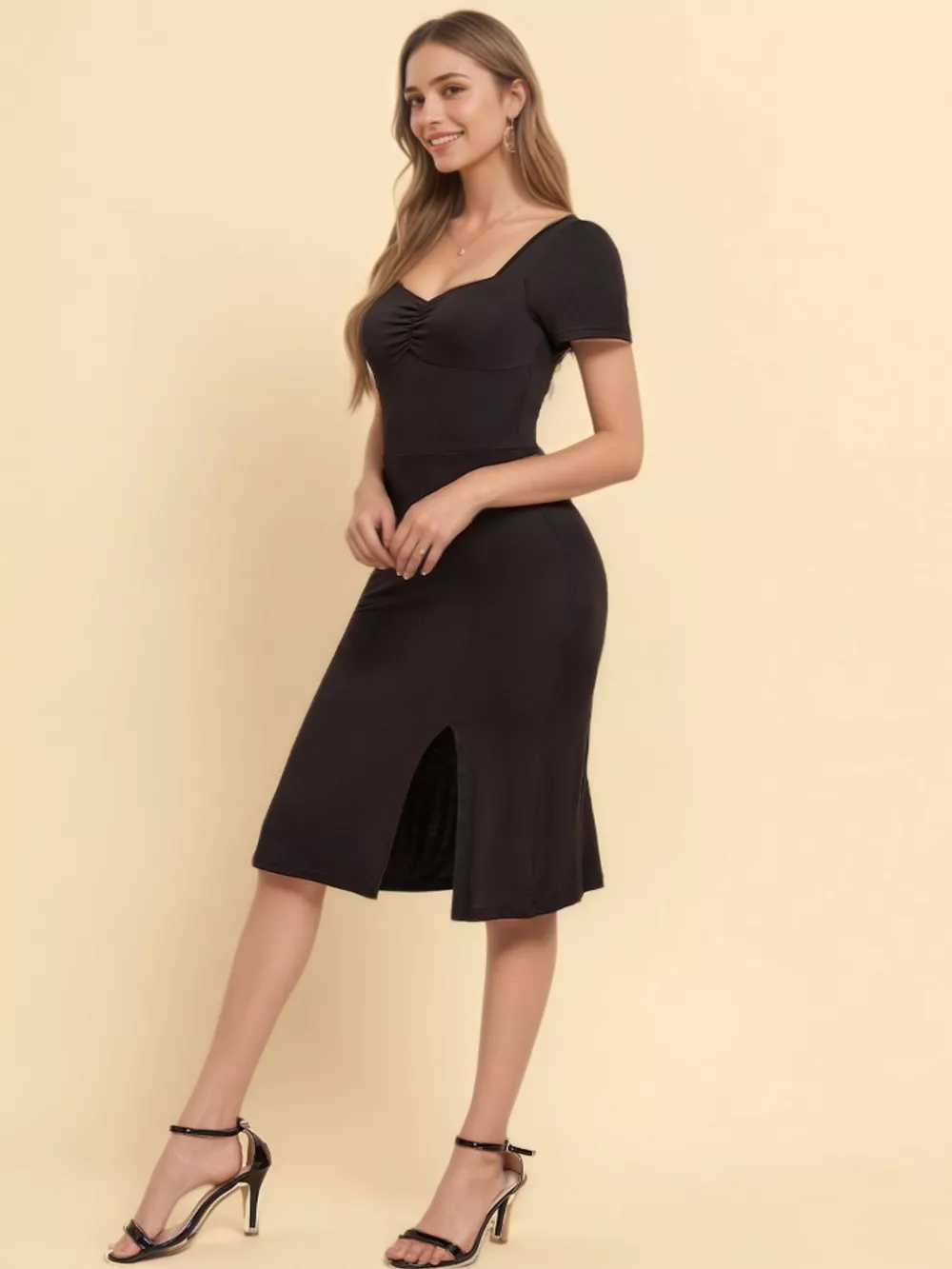 Sweetheart Neck Short Sleeve Slit Dress, image 4