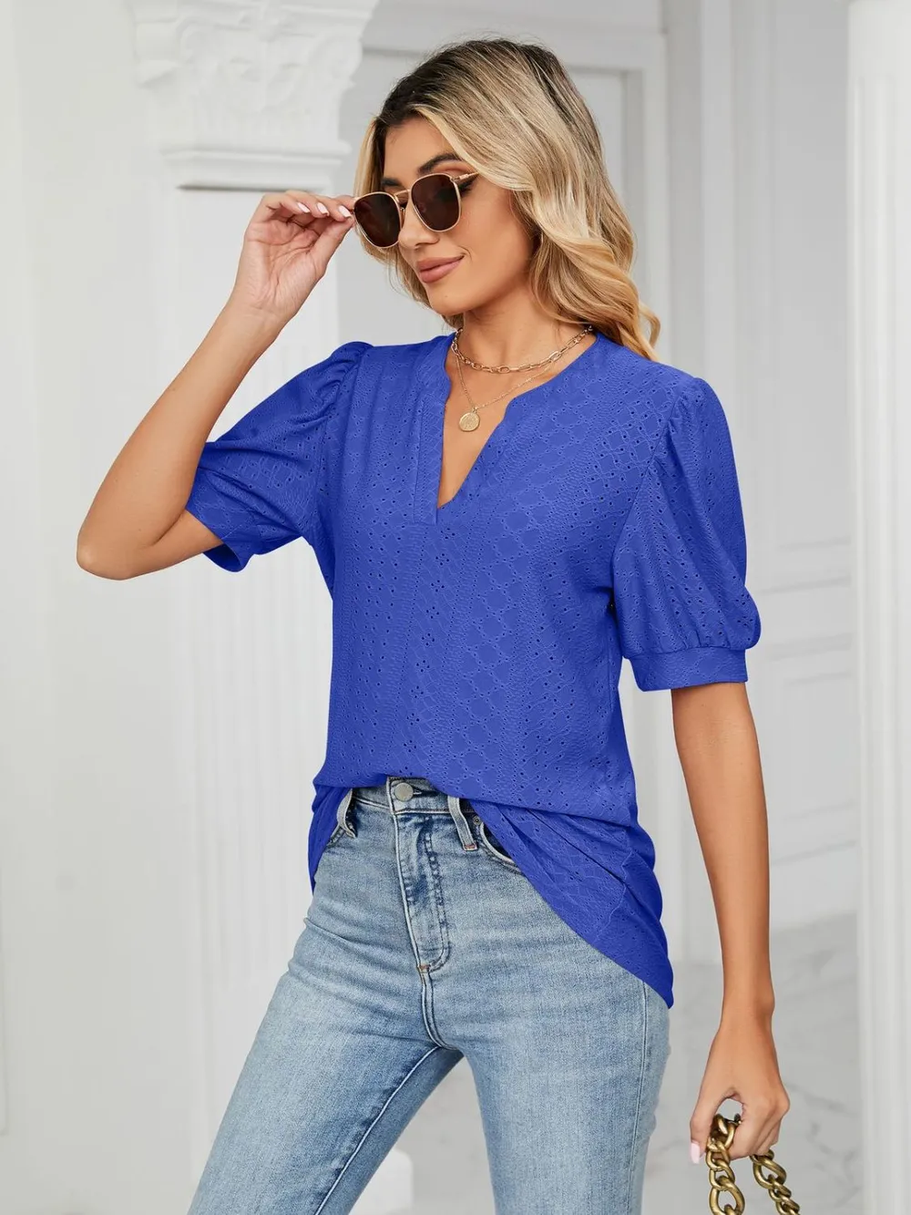 Eyelet Notched Short Sleeve T-Shirt, image 3