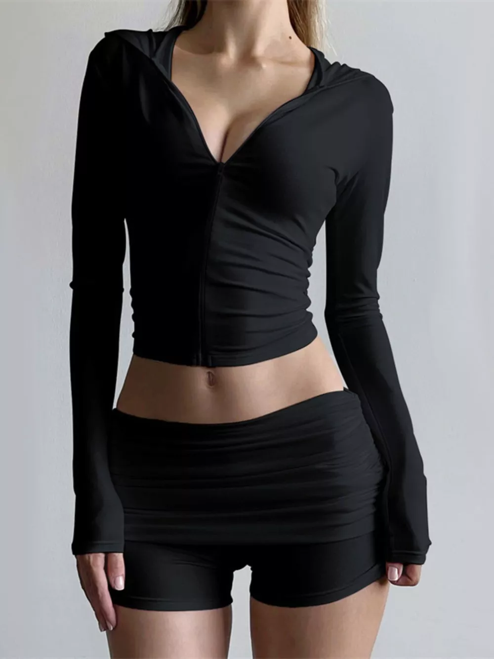 Long Sleeve Zip-Up Hoodie and Ruched Shorts Set