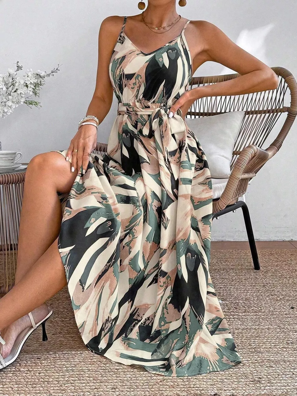 Abstract Print Tie Waist Cami Dress, image 4