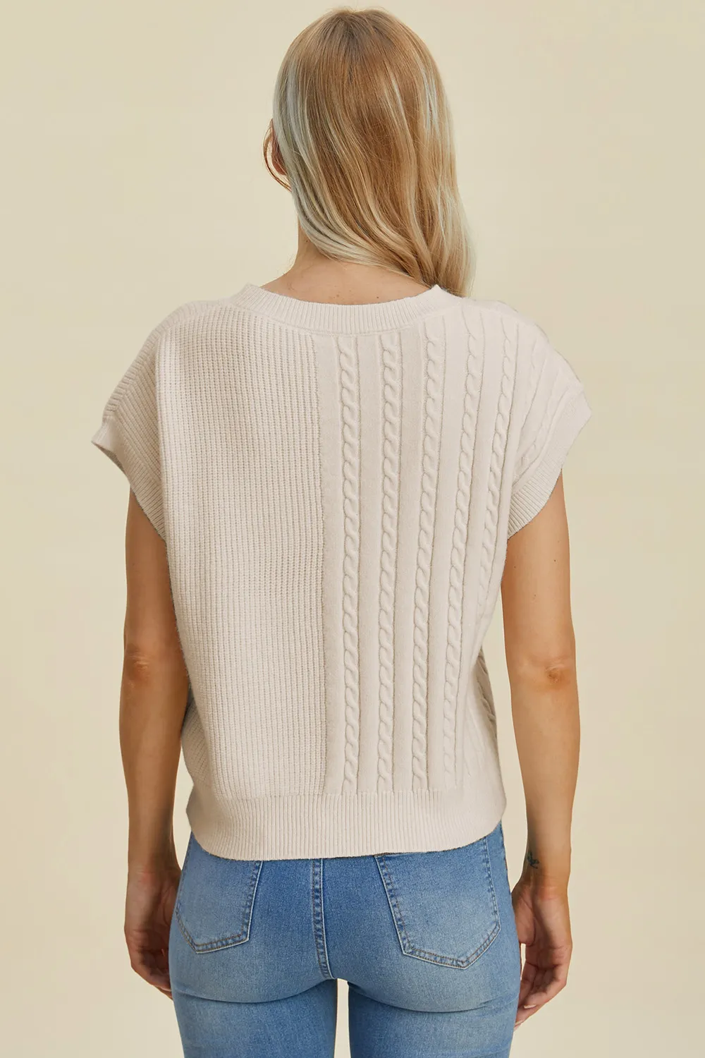 Full Size Cable-Knit Round Neck Short Sleeve Sweater, image 6
