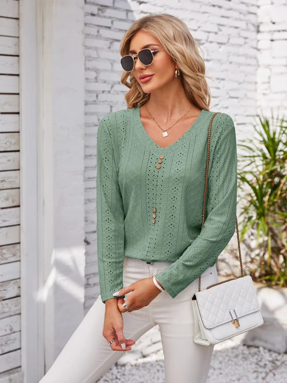 Decorative Button Openwork V-Neck T-Shirt, image 20