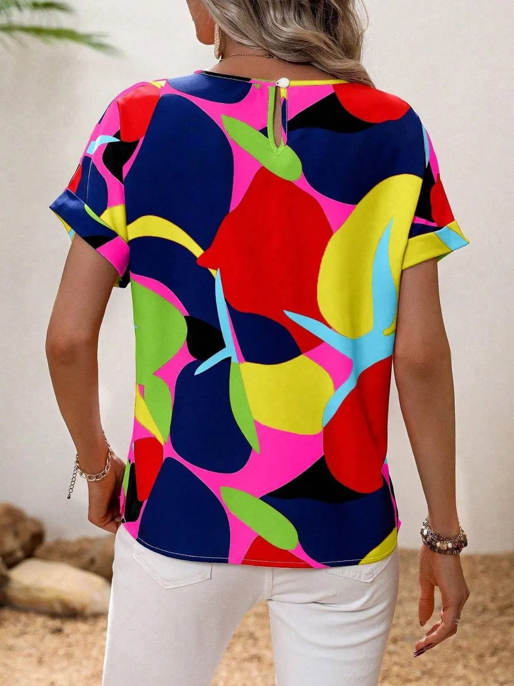 Contrast Round Neck Short Sleeve Blouse, image 19