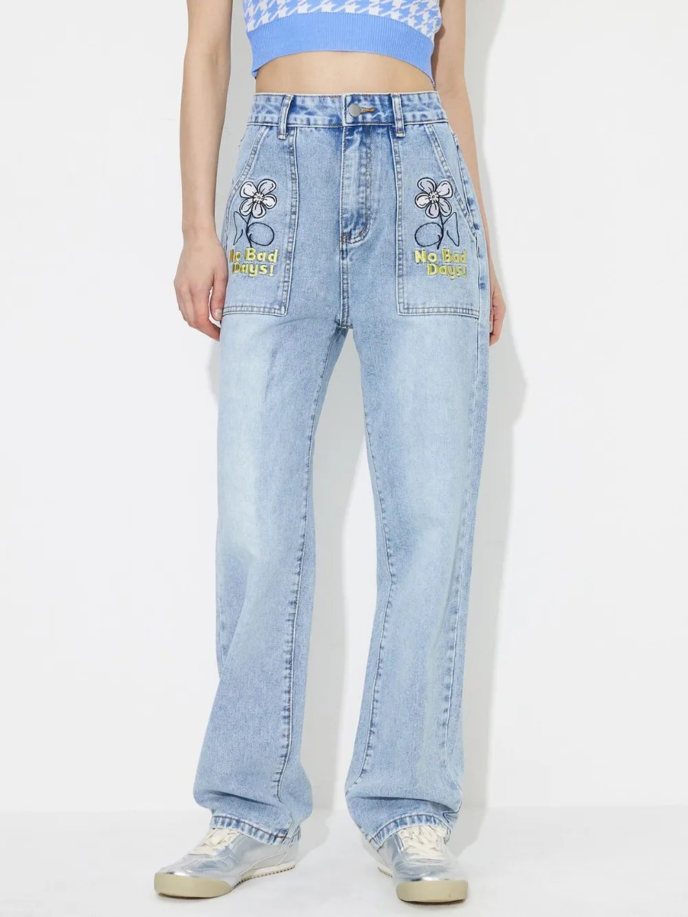 Flower High Rise Straight Leg Jeans with Pockets, image 4
