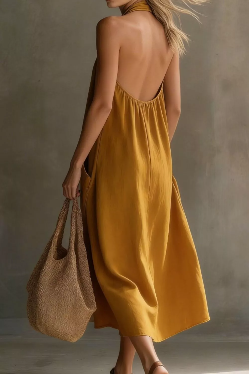 Casual Halter Neck Pocket Midi Dress, image 13
