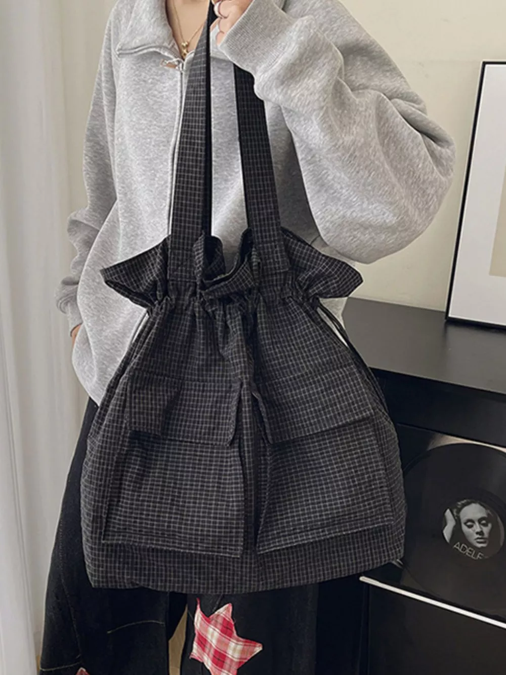 Convertible Plaid Drawstring Backpack Bag, image 11