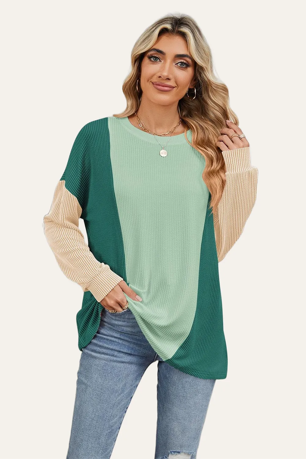 Texture Contrast Round Neck Long Sleeve T-Shirt, image 5
