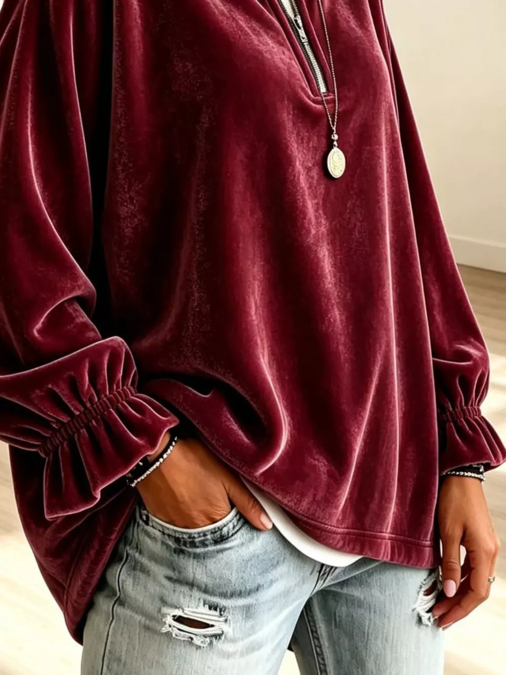 Velvet Quarter-Zip Sweatshirt with Ruffled Cuffs, image 3