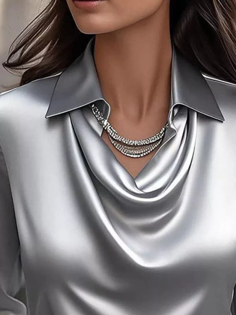 Full Size Satin Cowl Neck Long Sleeve Blouse Plus Size, image 9