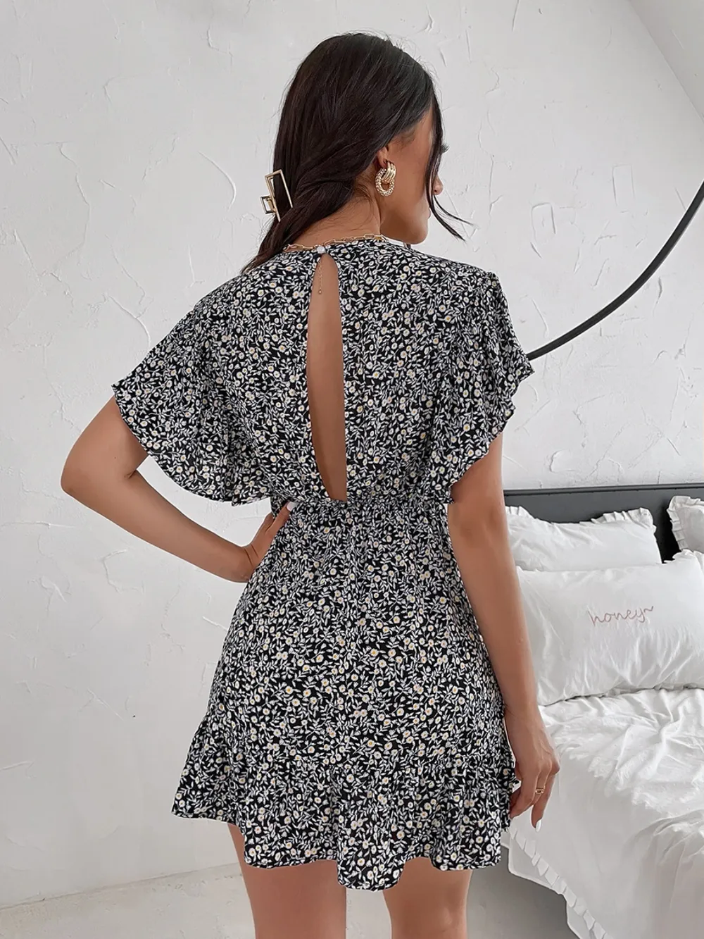 Cutout Ditsy Floral Surplice Flounce Sleeve Dress, image 5