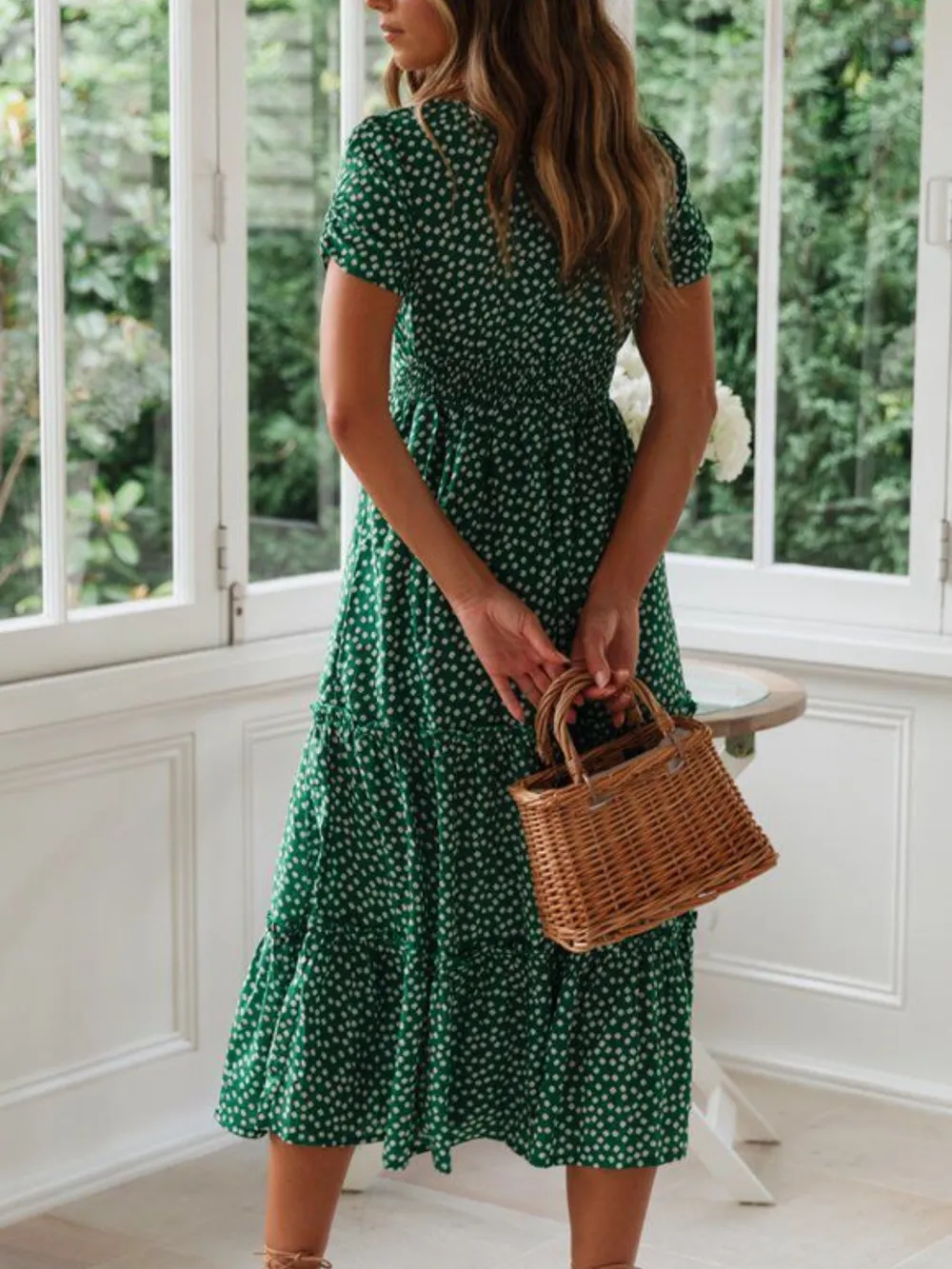 Printed Square Neck Short Sleeve Midi Dress, image 4