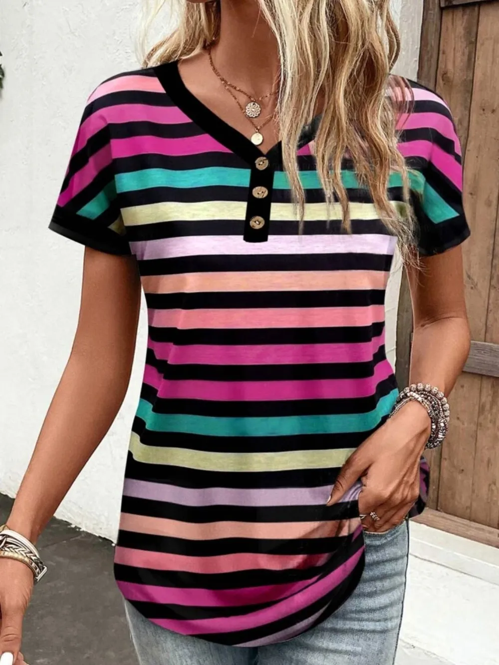 Striped V-Neck Short Sleeve T-Shirt, image 3