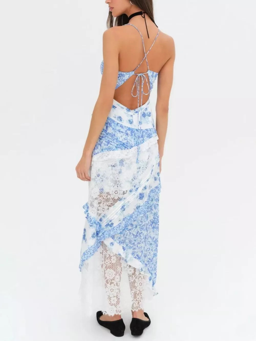 Lace Floral Print Ruffle Trim Maxi Dress, image 8