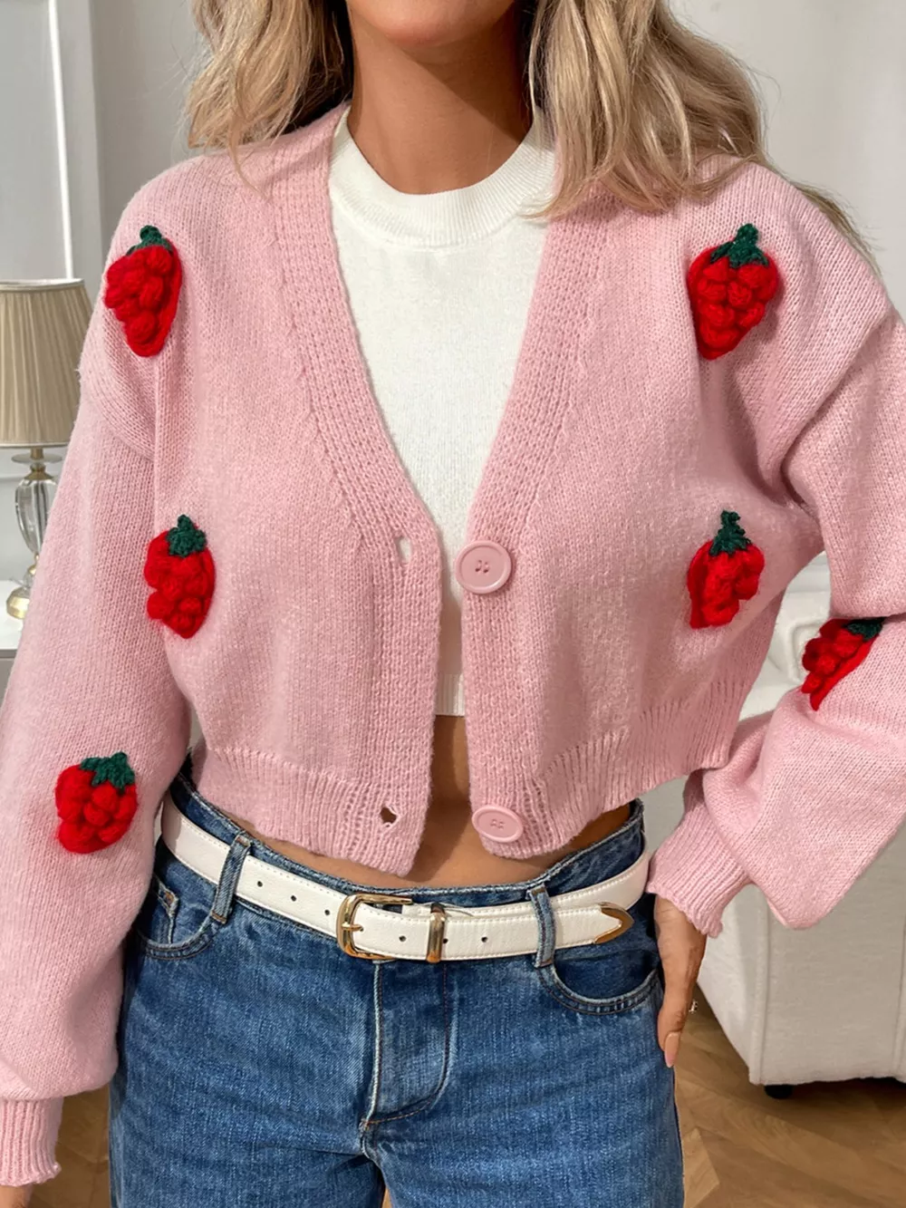 Strawberry Cropped Button-Up Cardigan, image 4