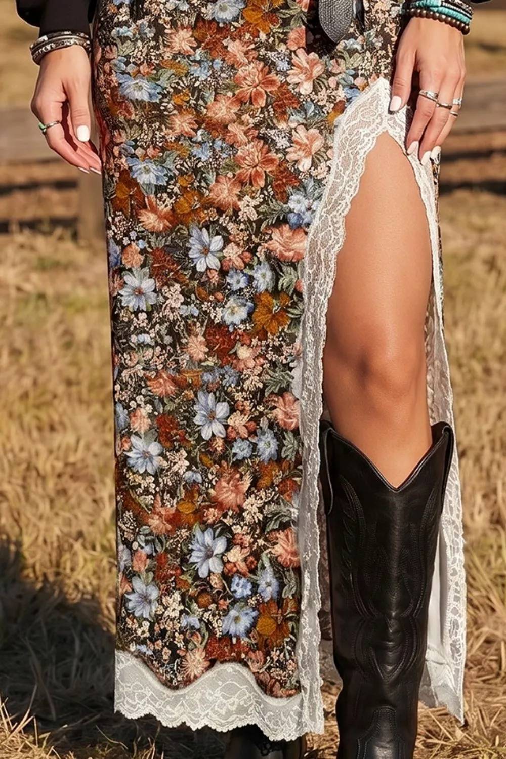 Multicolour Cheetah Print Trim Split Long Western Skirt, image 3