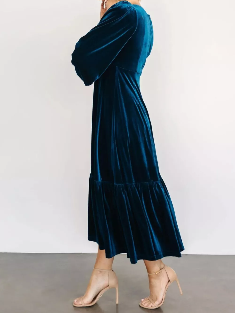 Velvet Tiered Long Sleeve Midi Dress, image 5