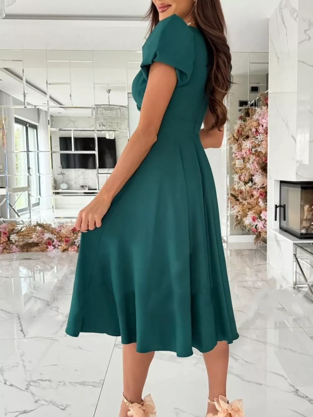 Surplice Puff Sleeve Midi Dress, image 6