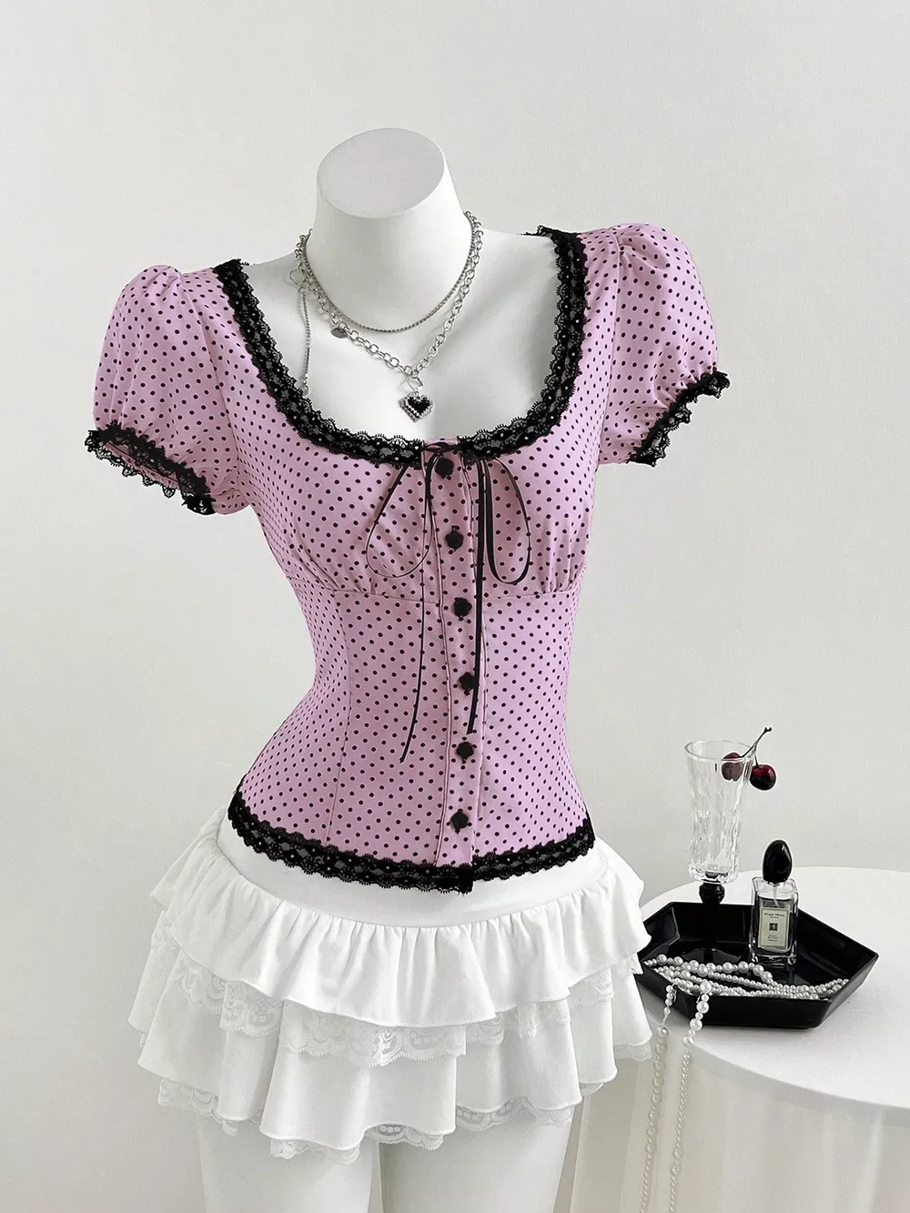Polka Dot Lace Trim Puff Sleeve Top, image 17
