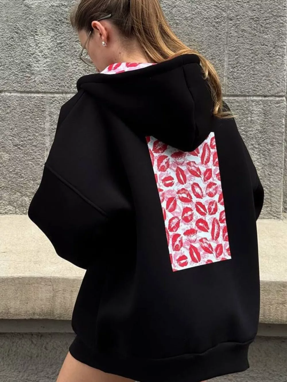 Zip Up Oversized Hoodie with Red Lips Print Detail, image 13