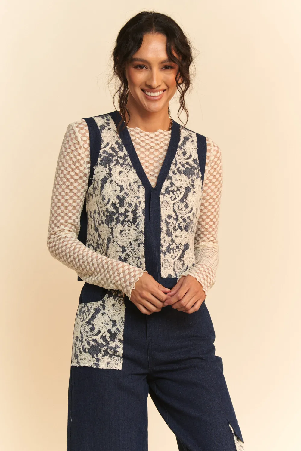 Lace Patch Open Front Denim Vest, image 4