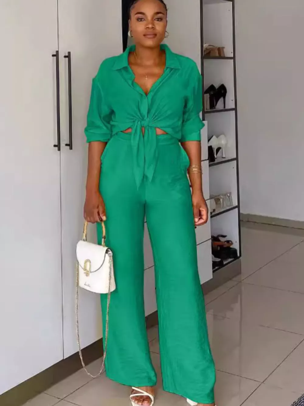 Tie-Front Top and Wide Leg Pants Set, image 7